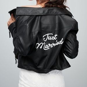 Just Married Embroidered Vegan Leather Moto Jacket